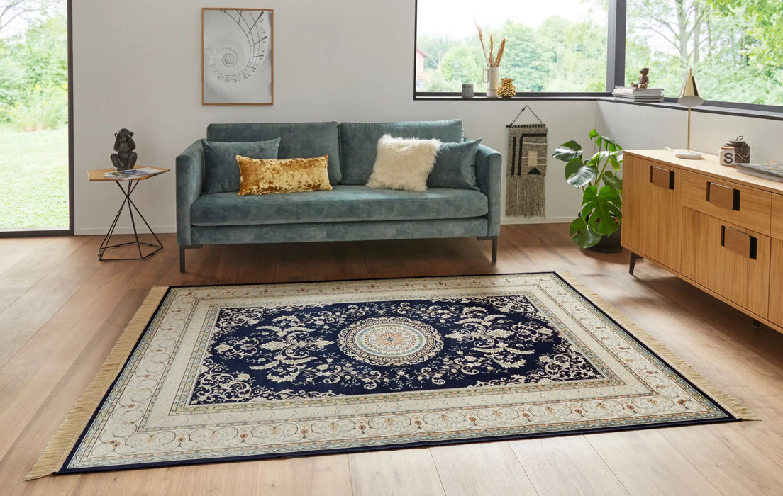 Nouristan naveh antik medallion dark blue Blue Living Room Moroccan Rug.