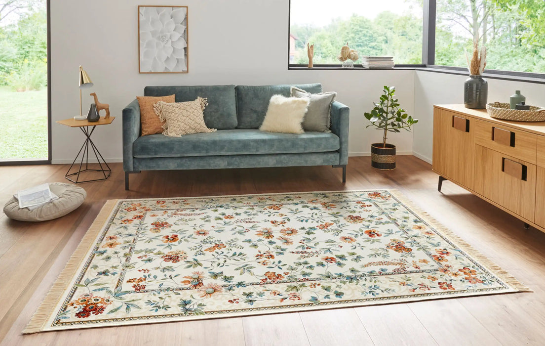 Nouristan naveh flowers cream Multicoloured, Cream Living Room Moroccan Rug.