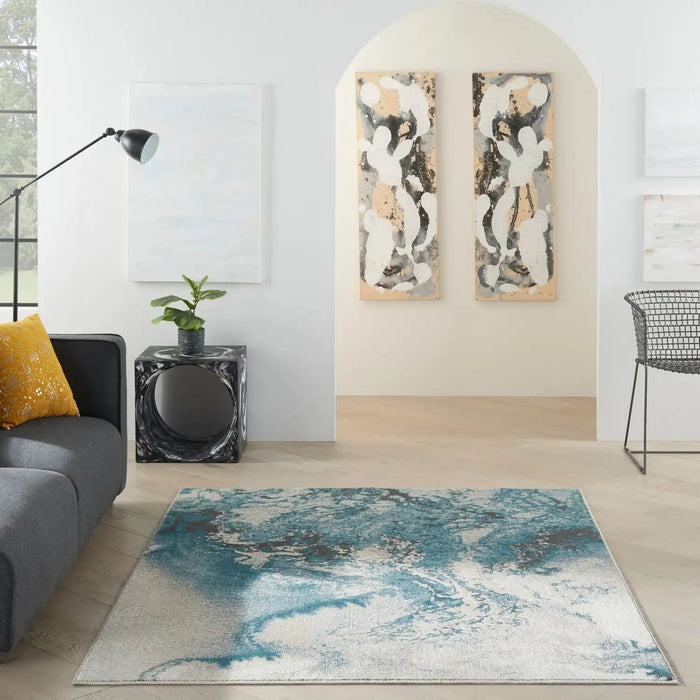 Nourison maxell mae08 ivory teal Ivory, Teal Living Room Floral Rug.