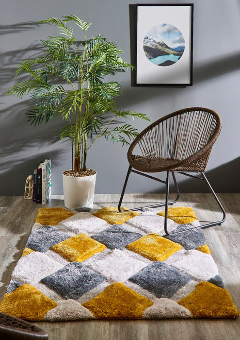Origins 3d geo shaggy ochre Yellow, Multicoloured Living Room Rug.