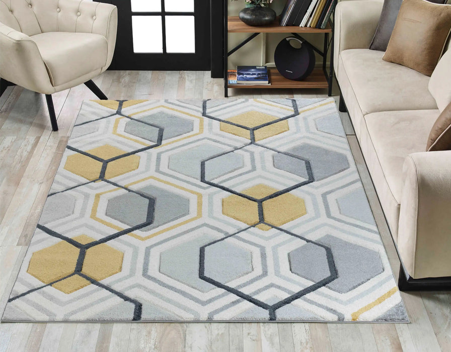 Serdim Rugs valencia 750 grey Grey, Yellow, Multicoloured Living Room Geometric Rug.
