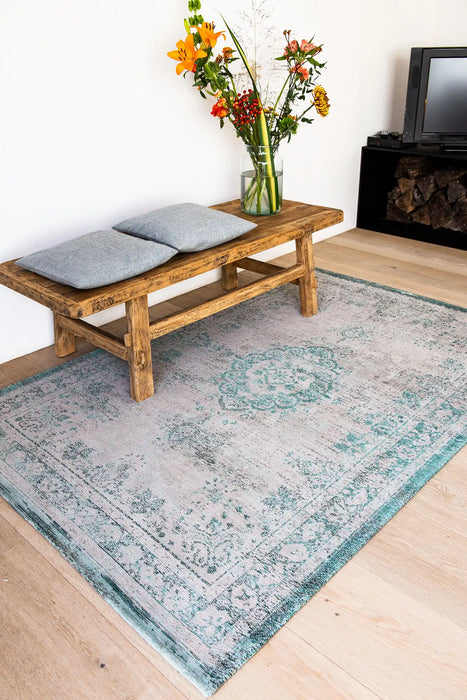 Louis de Poortere fading world medallion 8259 jade oyster Green, Ivory, Multicoloured Living Room Flat Weave Rug.