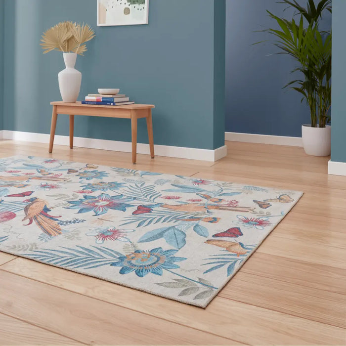 Catherine Lansfield Amaya Tropical Birds Blue Washable Blue Rug