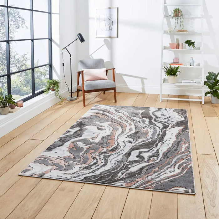 Think Rugs apollo gr584 grey rose Grey, Pink Living Room Rug.