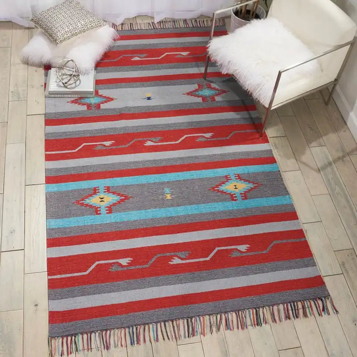 Nourison baja baj01 grey red Grey, Red Living Room Geometric Rug.