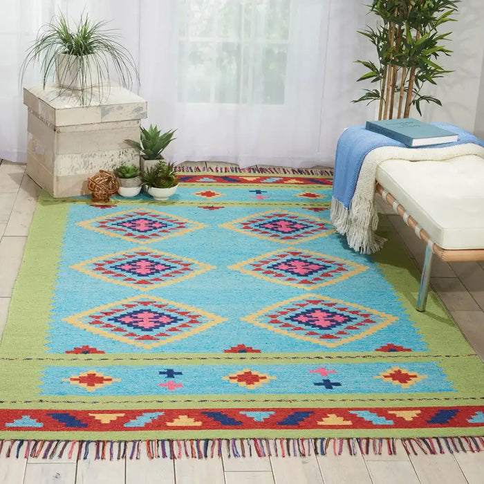 Nourison baja baj02 blue green Blue, Green, Multicoloured Living Room Geometric Rug.