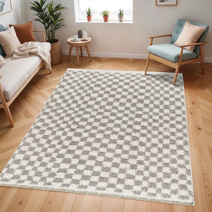 KITTU Shaggy Modern Plush Pile Light Grey Checkered Rug