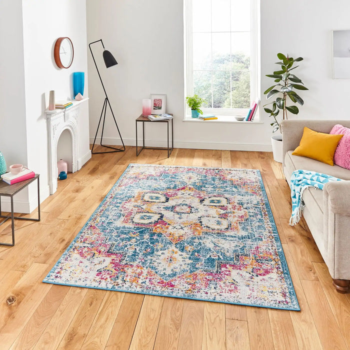Think Rugs boston g0532 blue fuchsia Blue, Pink Living Room Moroccan Rug.