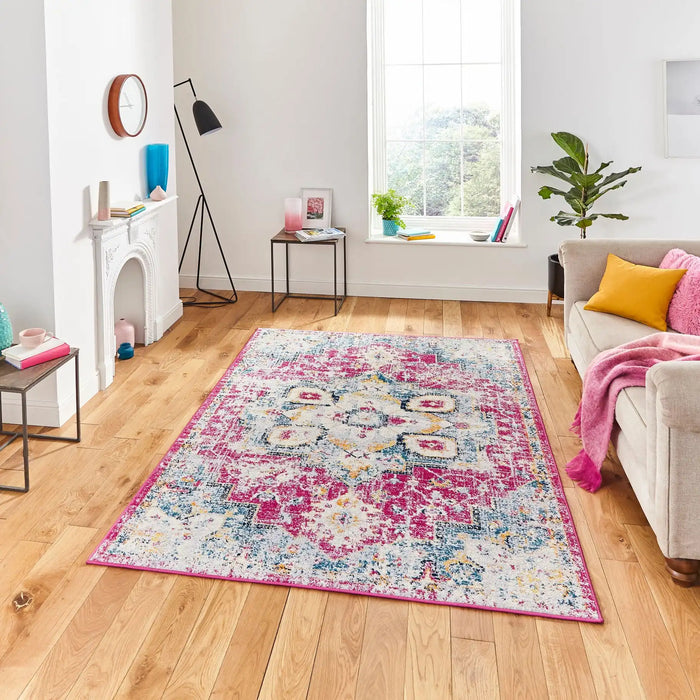 Think Rugs boston g0532 fuchsia blue Blue, Pink Living Room Moroccan Rug.