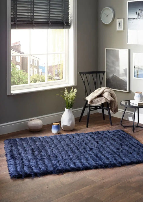 Origins carved glamour navy Blue, Navy Living Room Shaggy Rug.