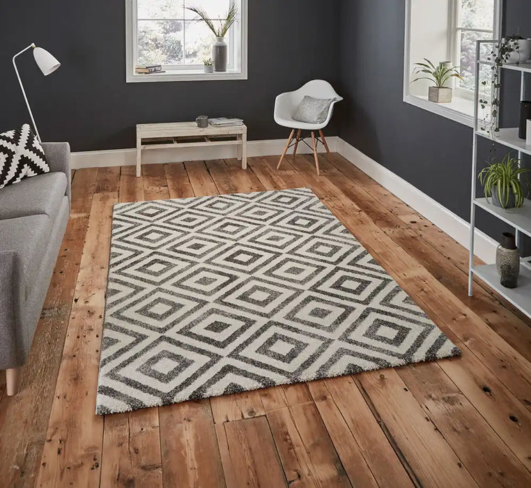 Think Rugs elegant 4893 grey white Grey, Ivory Living Room Geometric Rug.