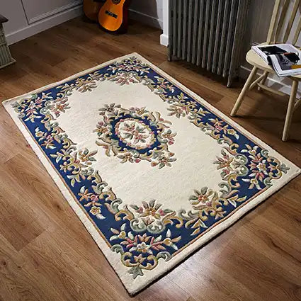 Oriental Weavers royal indian cream blue Blue, Ivory Living Room Wool Rug.