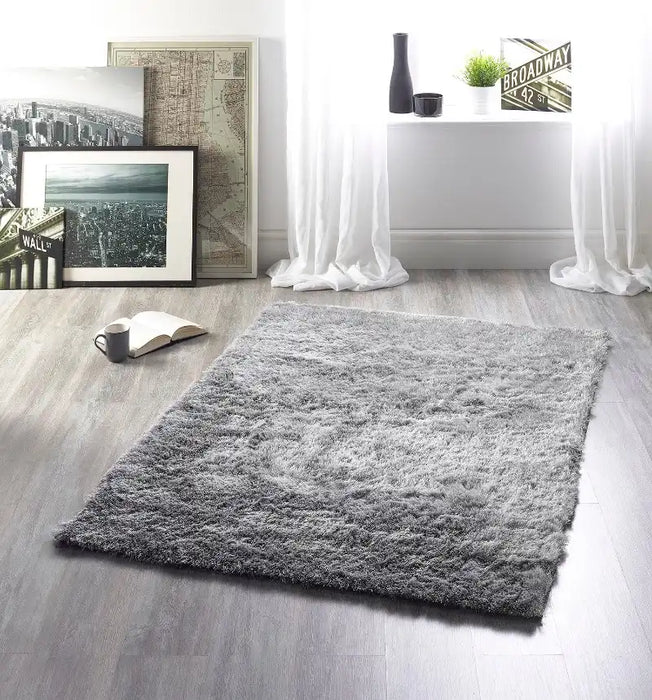 Origins shimmer silver Grey Living Room Shaggy Rug.