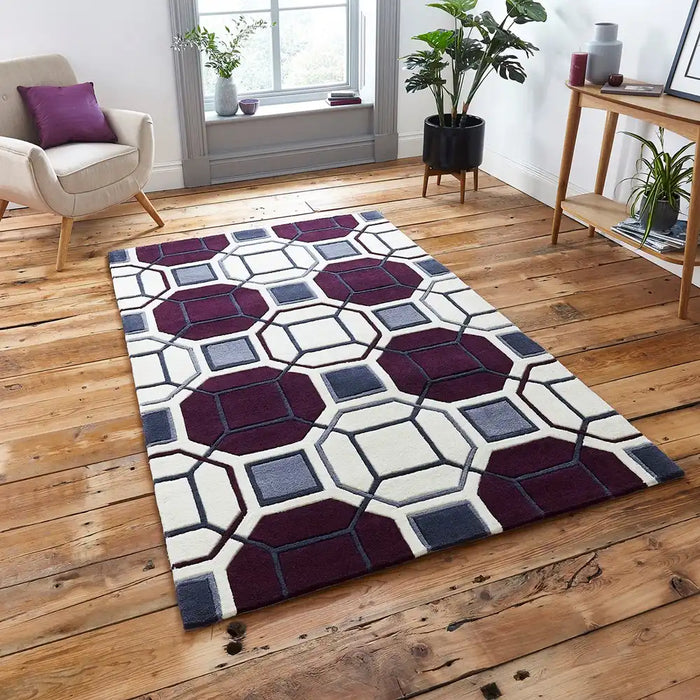 Think Rugs hk 9238 ivory purple Purple, Ivory Living Room Geometric Rug.