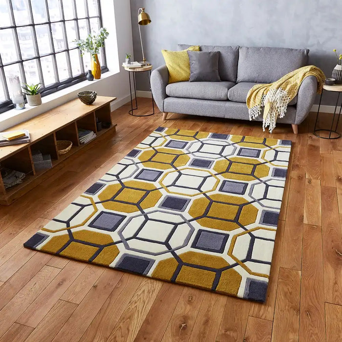 Think Rugs hk 9238 ivory yellow Yellow, Ivory Living Room Geometric Rug.