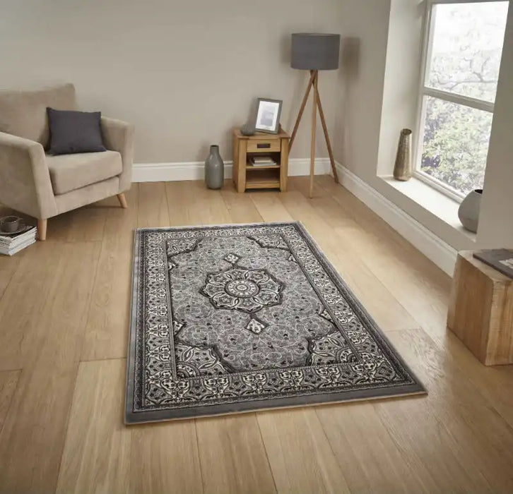 Think Rugs heritage 4400 grey Grey Living Room Rug.