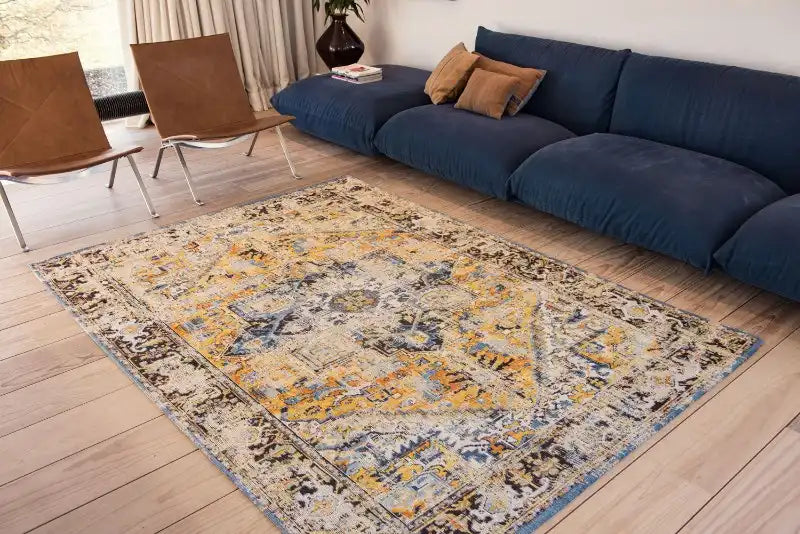 Louis de Poortere antiquarian heriz 8704 amir gold Blue, Yellow Living Room Flat Weave Rug.