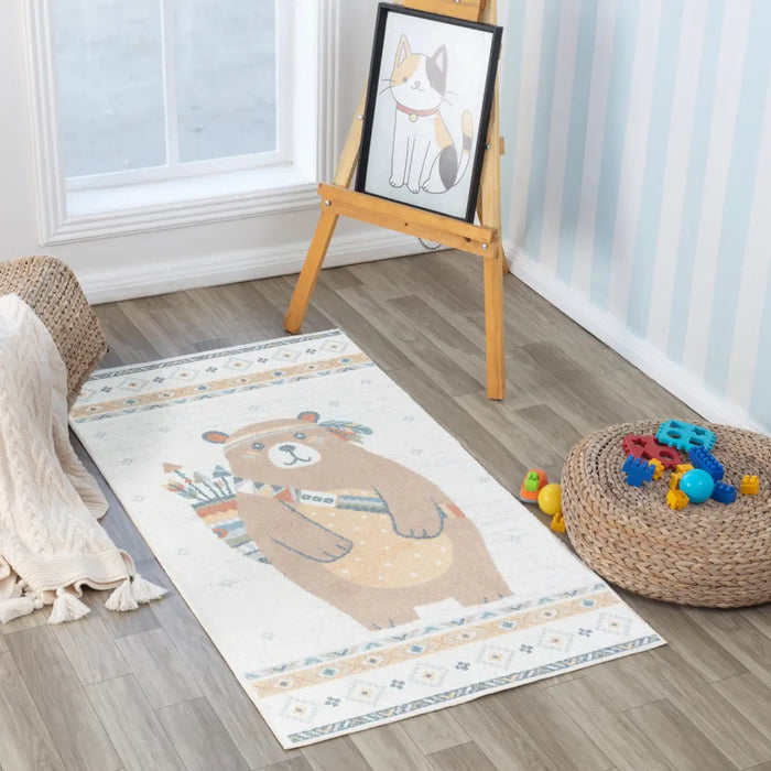 OURSIGENE Kids Machine Washable Beige/Brown Bedroom Rug Beige