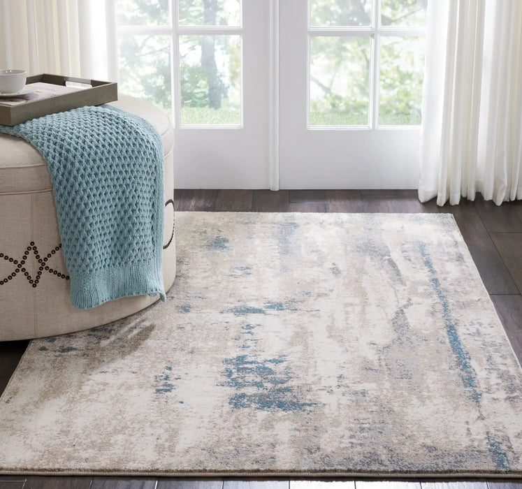 Nourison maxell mae17 ivory teal Blue, Ivory Living Room Floral Rug.