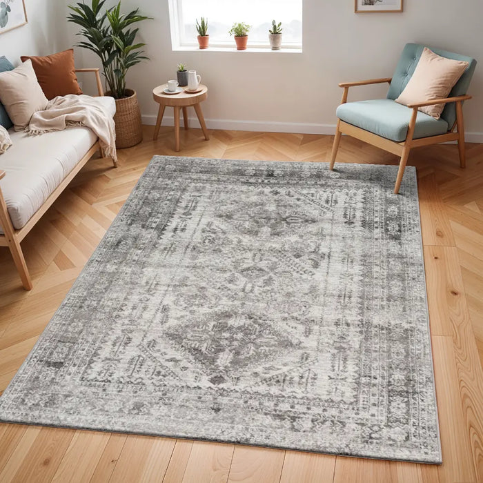 NEELAM Vintage Traditional Oriental Boho Light Gray/White/Charcoal Rug