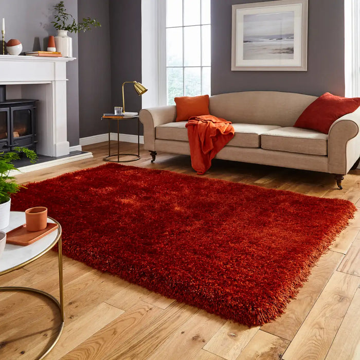 Think Rugs montana terracotta Orange Living Room Shaggy Rug.