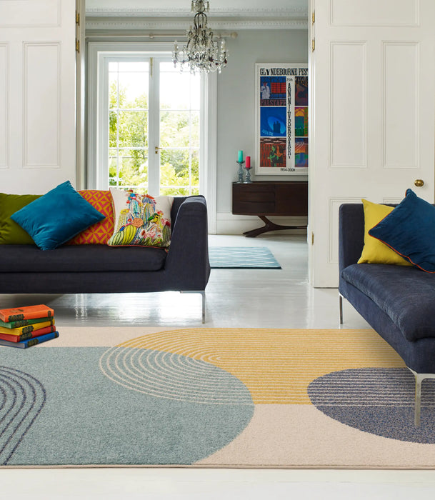 Asiatic muse mu15 blue retro Blue, Grey, Yellow, Multicoloured Living Room Geometric Rug.