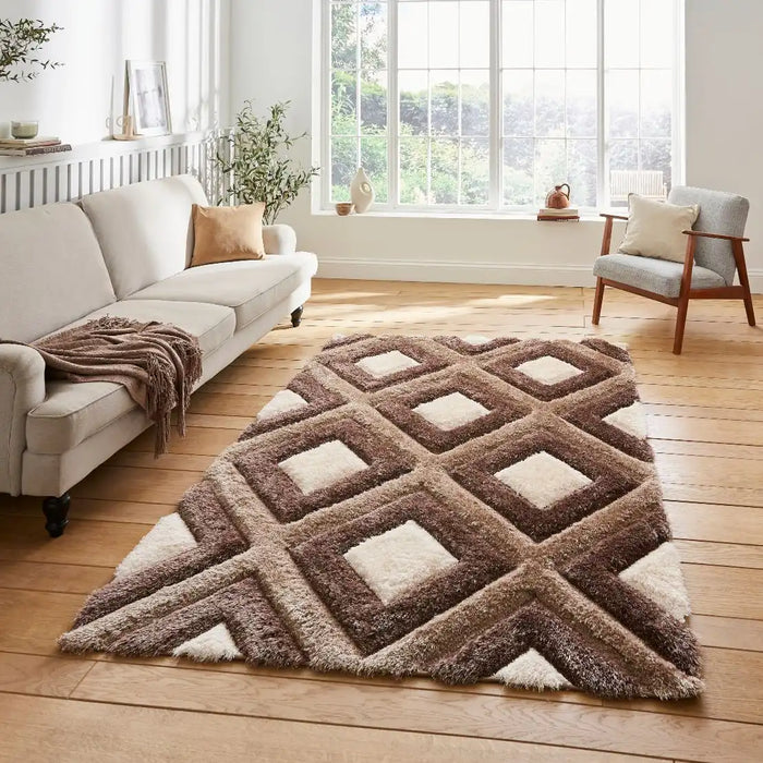 Think Rugs olympia gr224 beige brown Brown, Beige Living Room Shaggy Rug.