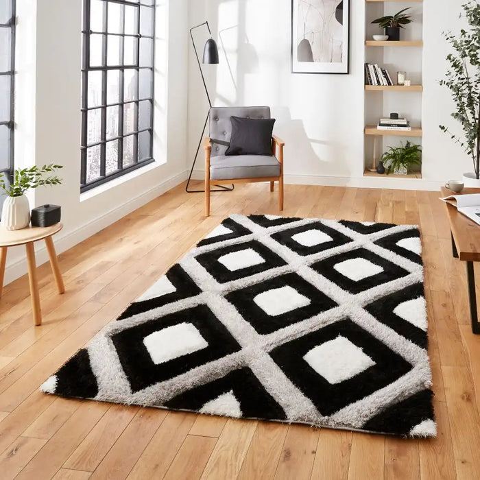 Think Rugs olympia gr224 black white Black Living Room Shaggy Rug.