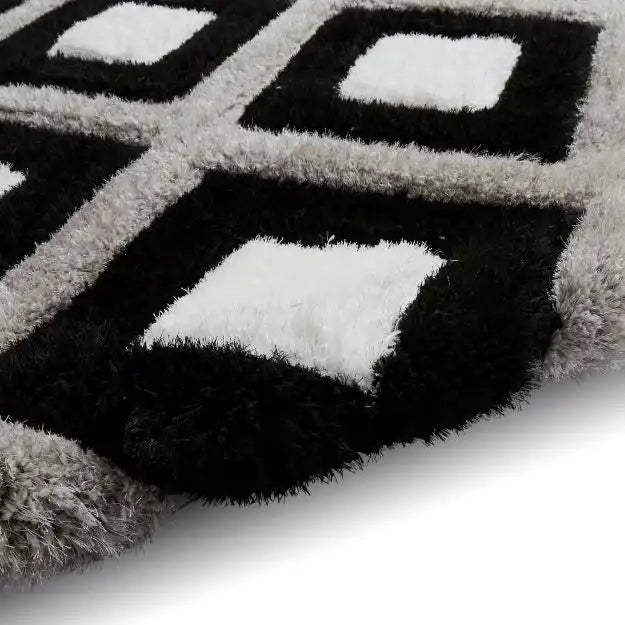 Think Rugs olympia gr224 black white Black Living Room Shaggy Rug.