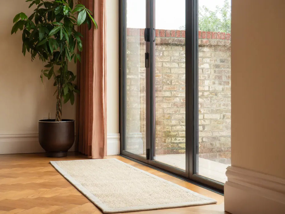 Photo By Biff | Modern interior with sliding glass door, plant, and Sisal rug.