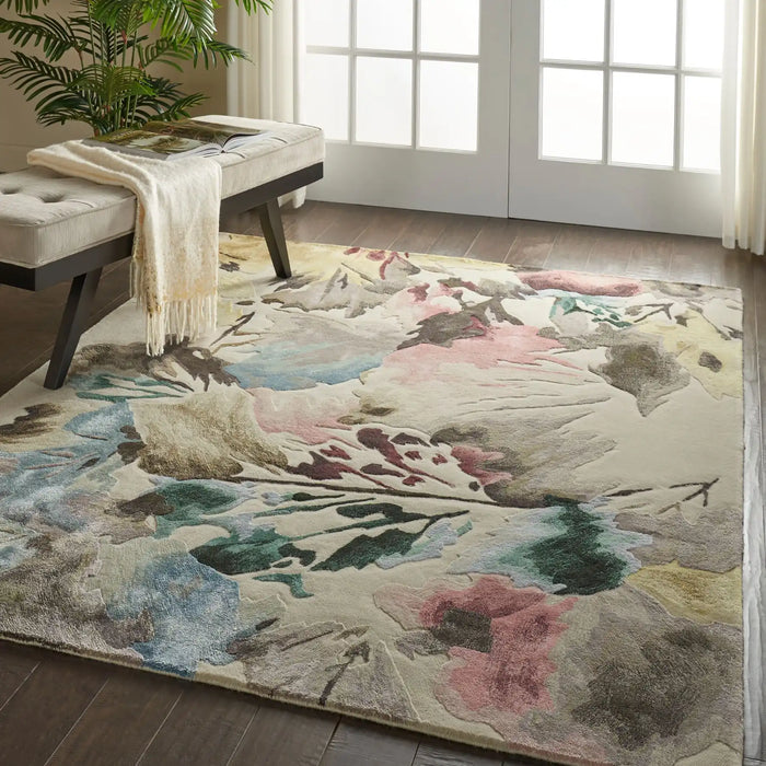 Nourison prismatic prs15 beige multi Beige, Multicoloured Living Room Wool Rug.