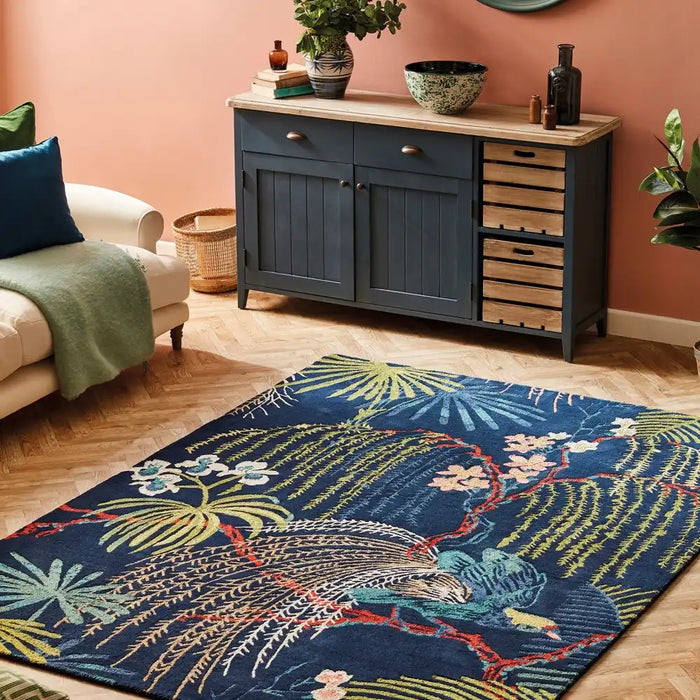 Sanderson sanderson rainforest tropical night 50708 Blue, Multicoloured Living Room Wool Rug.