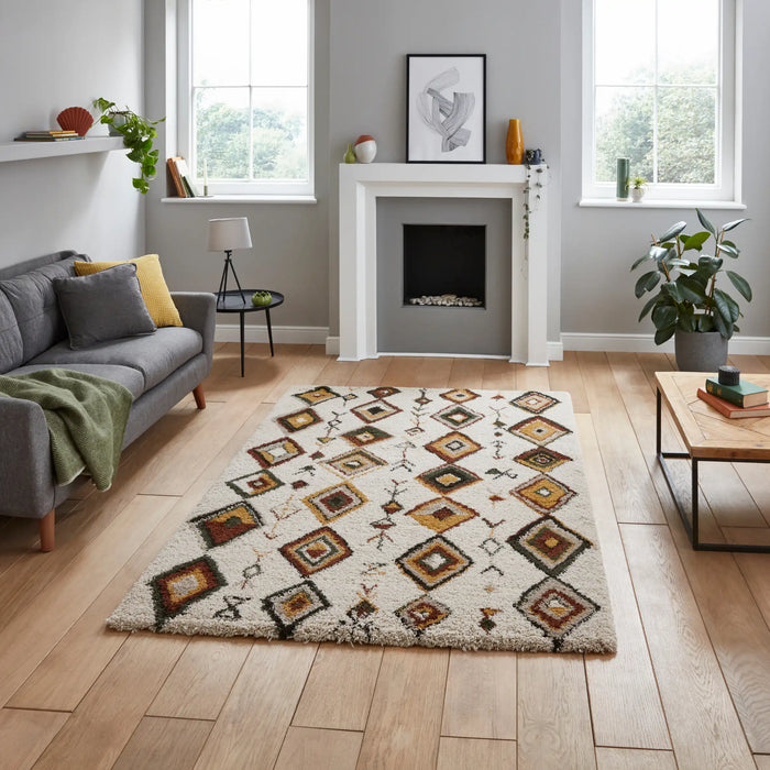 Think Rugs royal nomadic a636 beige multi Beige, Multicoloured Living Room Shaggy Rug.