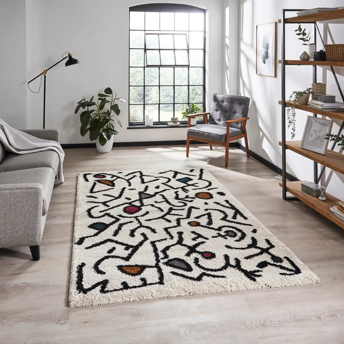 Think Rugs royal nomadic a637 cream black multi Black, Multicoloured, Cream Living Room Shaggy Rug.