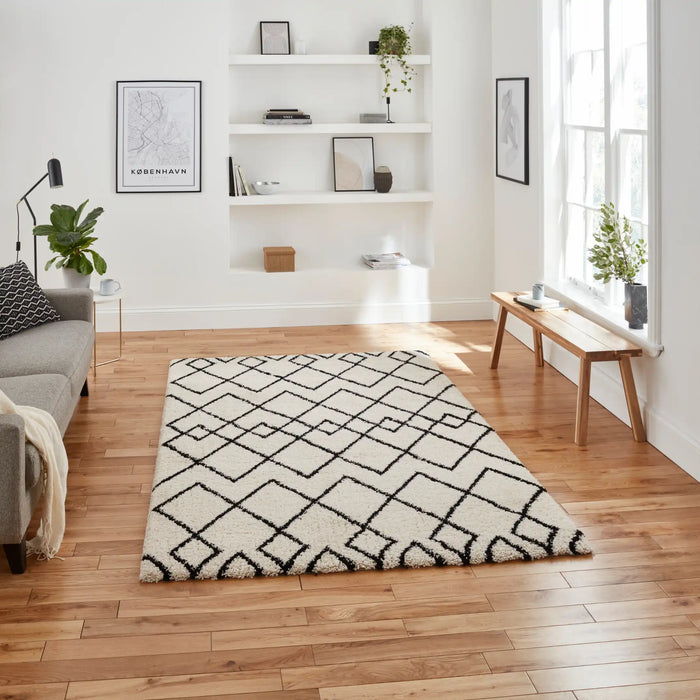 Think Rugs royal nomadic a638 white black Black, Ivory Living Room Shaggy Rug.
