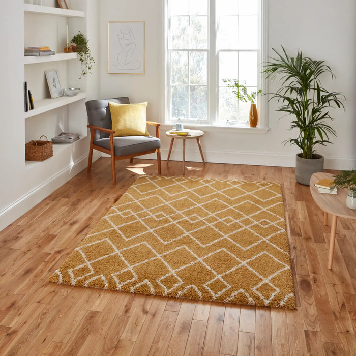Think Rugs royal nomadic a638 yellow Yellow Living Room Shaggy Rug.
