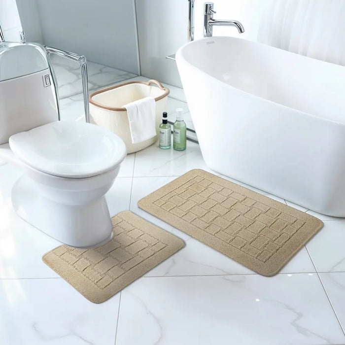 TEGAN Piece Machine Washable Non-Slip Light Beige Bathroom Rug Set Beige