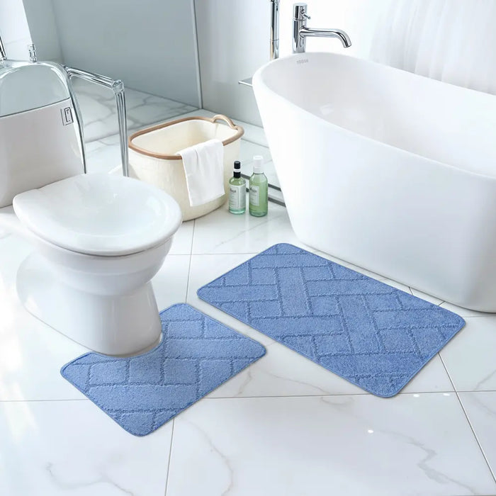 JUNIPER Piece Machine Washable Non-Slip Blue Bathroom Rug Set Blue