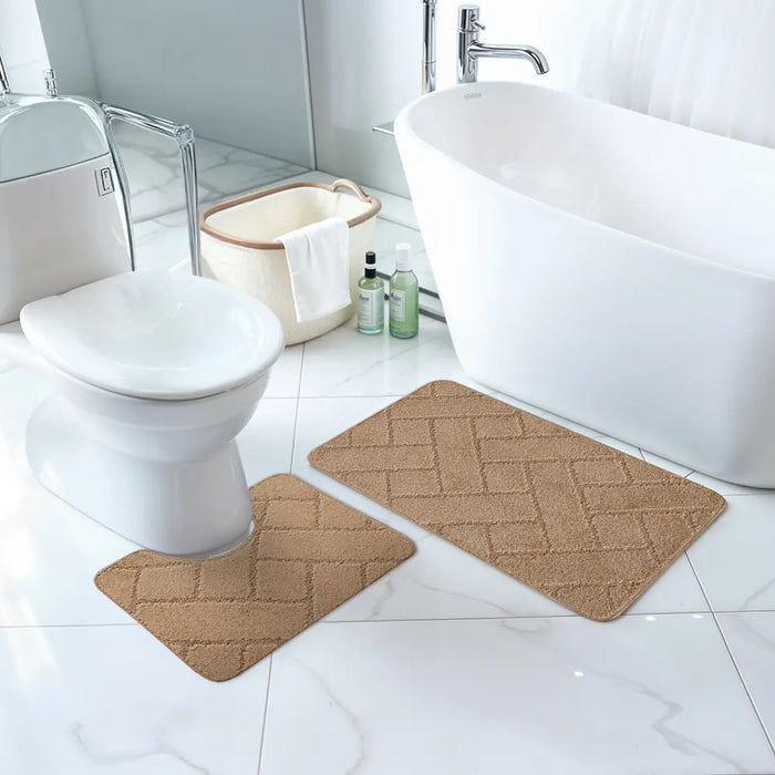 JUNIPER Piece Machine Washable Non-Slip Brown Bathroom Rug Set Brown