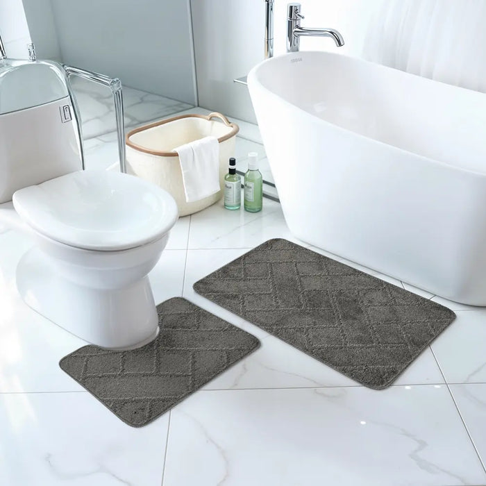 JUNIPER Piece Machine Washable Non-Slip Dark Grey Bathroom Rug Set Grey