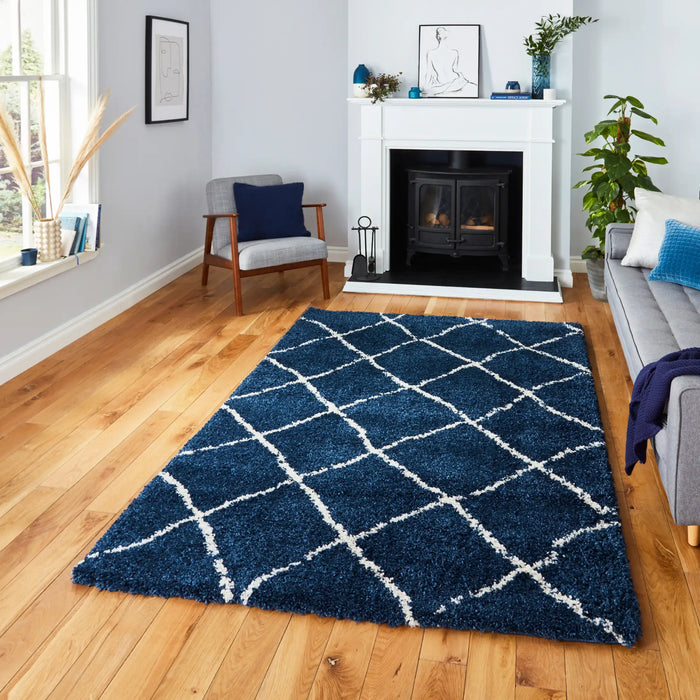 Think Rugs scandi berber g257 navy cream Cream, Navy Living Room Rug.