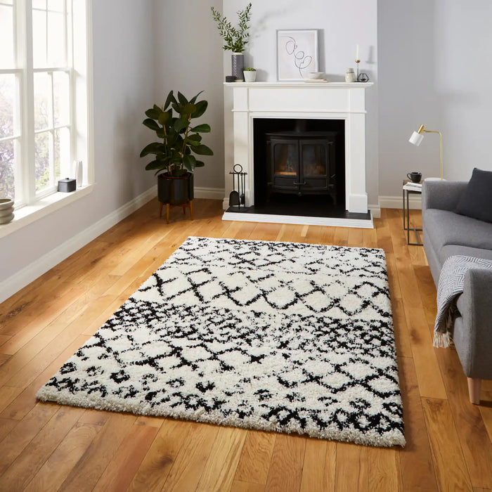 Think Rugs scandi berber g272 white black Black, Ivory Living Room Rug.