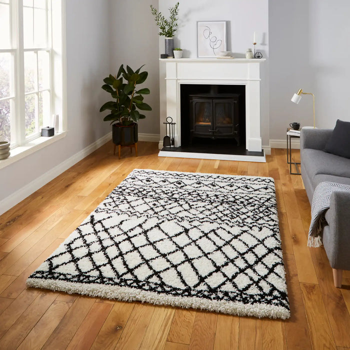 Think Rugs scandi berber g274 white black Black, Ivory Living Room Rug.