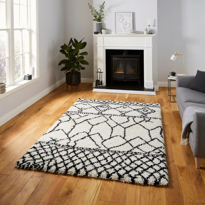 Think Rugs scandi berber g276 white black Black, Ivory Living Room Rug.