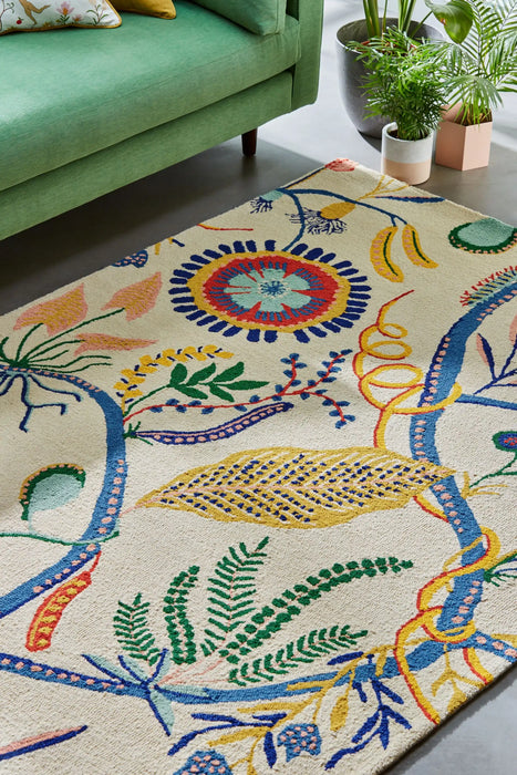 Scion scion screen printed jackfruit and the beanstalk chai sage 125706 Multicoloured, Cream Living Room Geometric Rug.