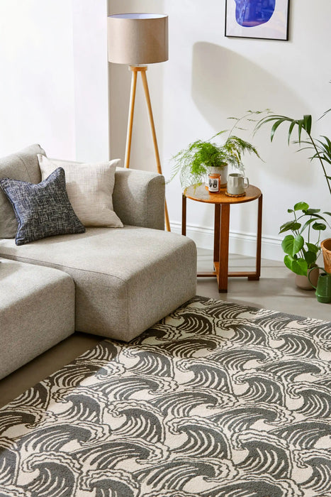 Scion scion screen printed ride the wave liquorice 125605 Grey Living Room Geometric Rug.