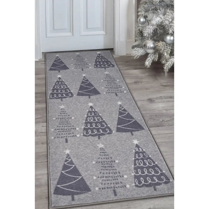 Seasonal Runners Christmas Trees Grey Washable