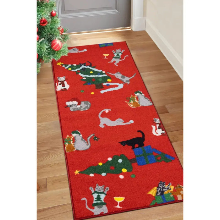 Seasonal Runners Multi Cats Red Washable
