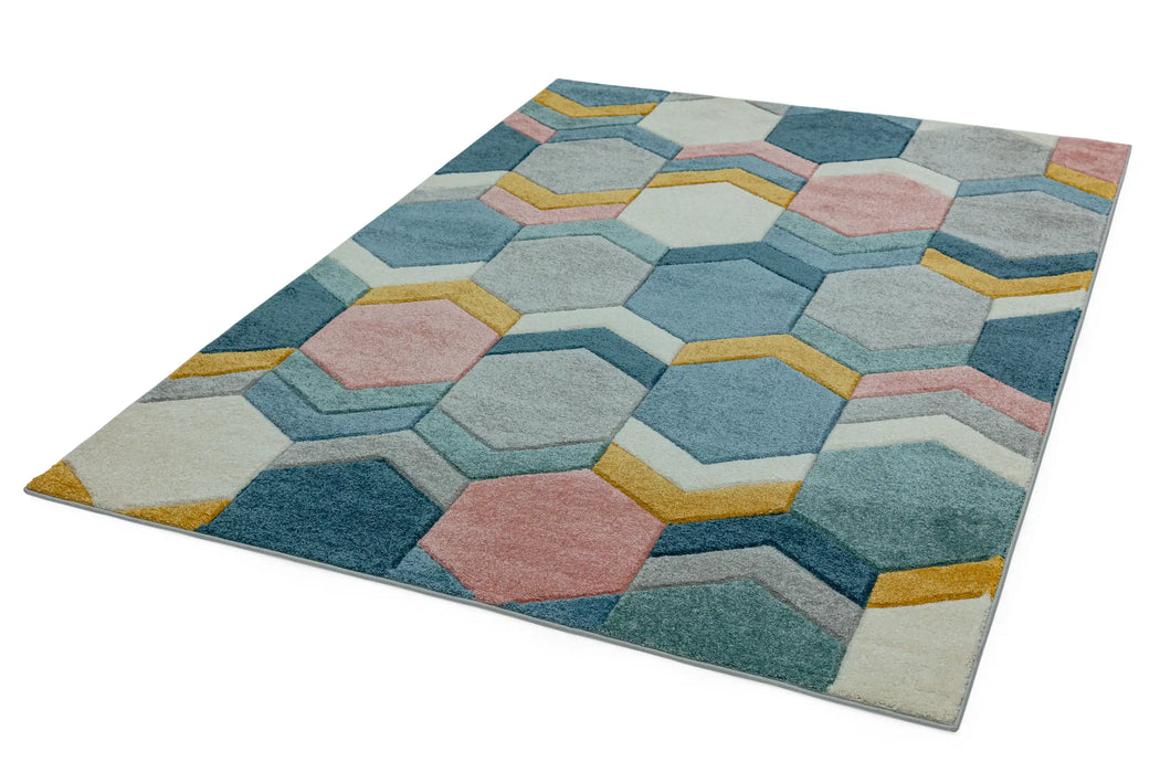 Asiatic sketch sk10 hexagon multi Blue, Multicoloured Living Room Rug.