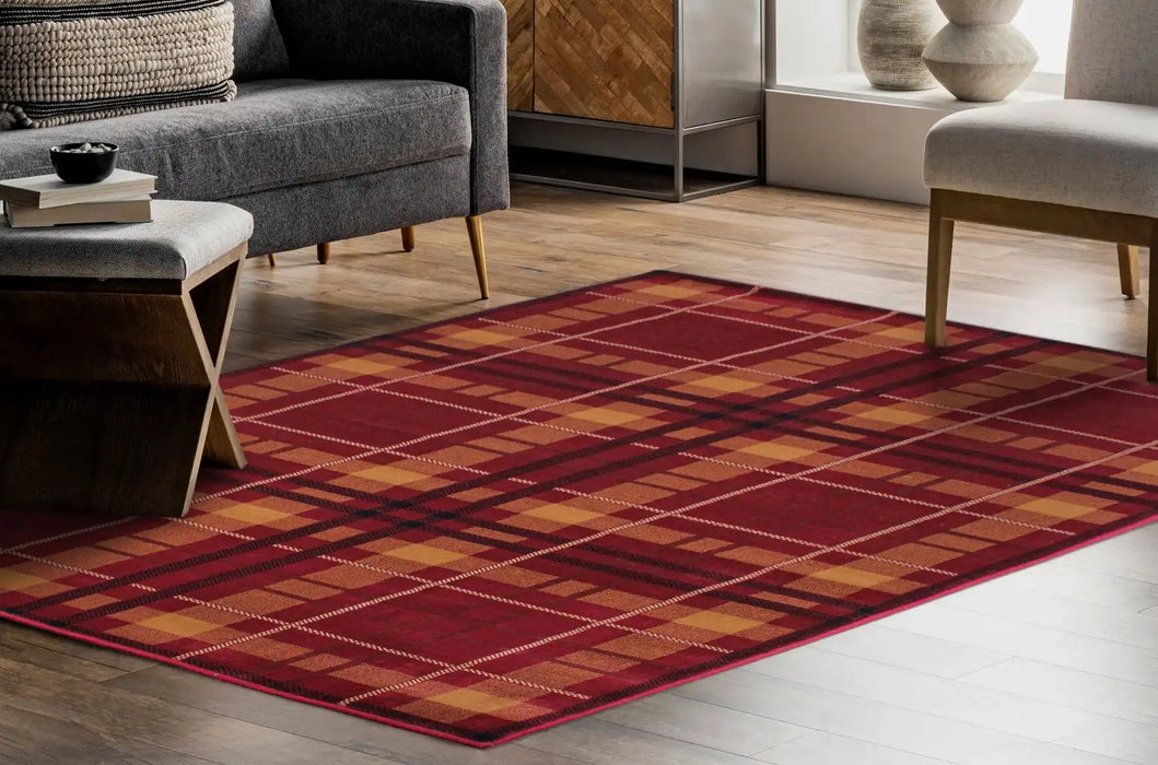 URCO tartan red Red Living Room Geometric Rug.